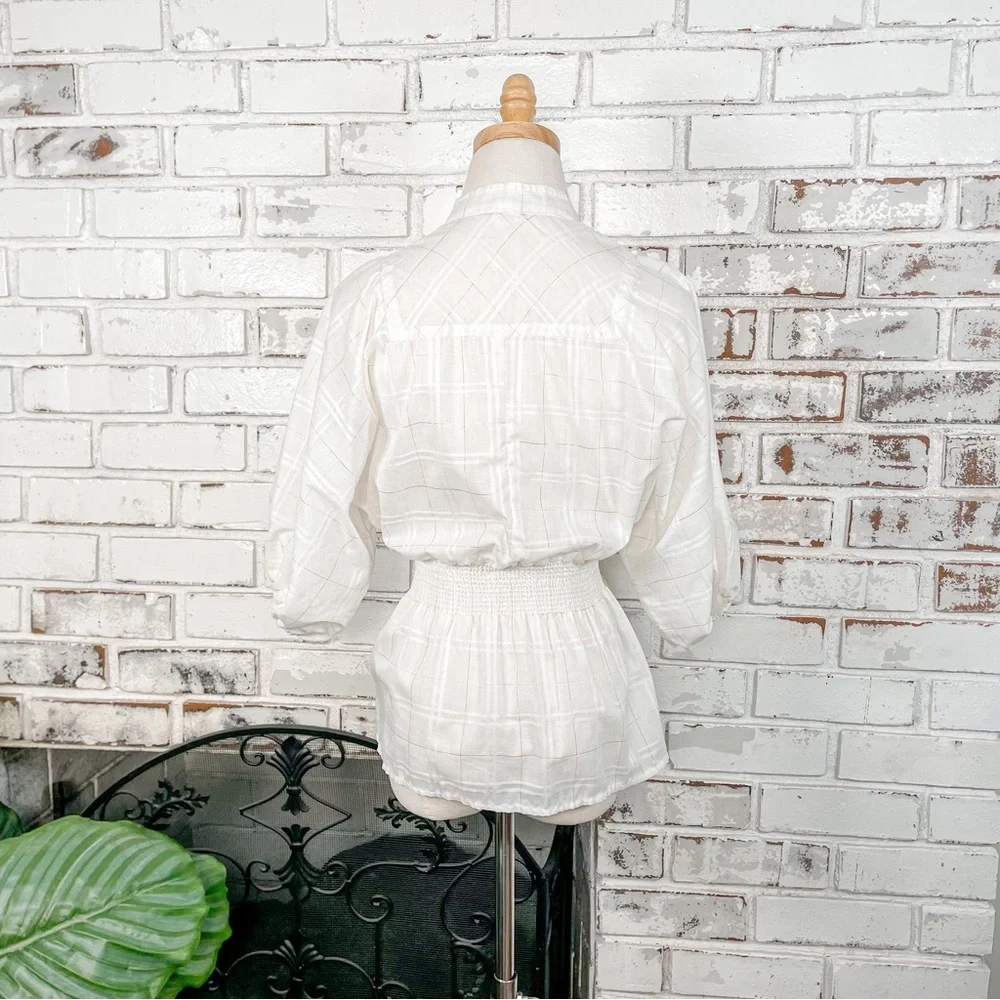 Vintage 60s 70s PepperHill White and Gold Plaid Puff Sleeve Tie Waist Button Top - Picture 6 of 9